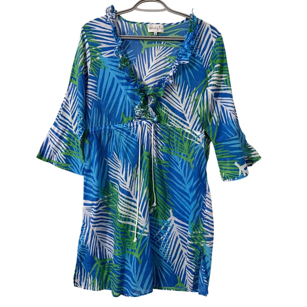 Mud Pie Womens Blue Green Palm Leaf Print Ruffle Neck Swim Coverup Dress Size M